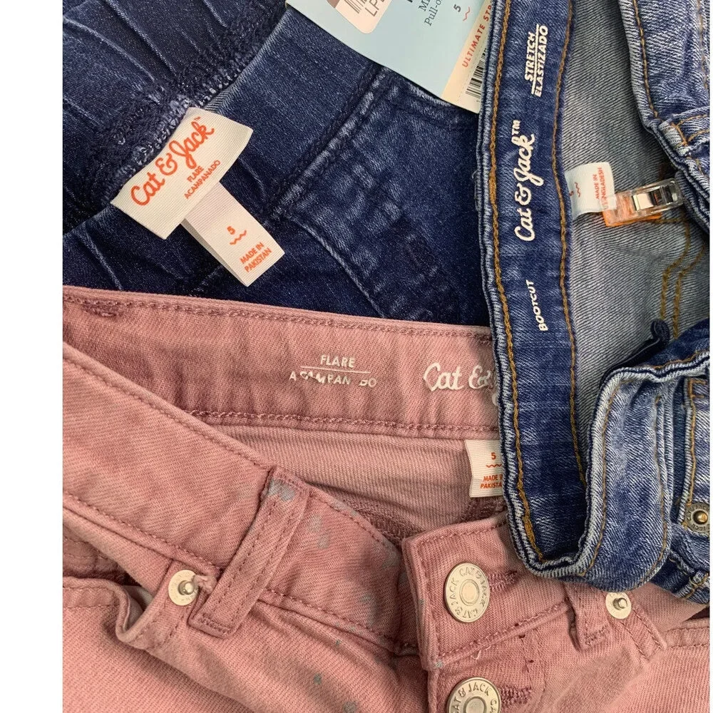 3 New Cat & Jack Girls Size 5 Cotton Blend Flare Boot Cut Distressed Denim Jeans